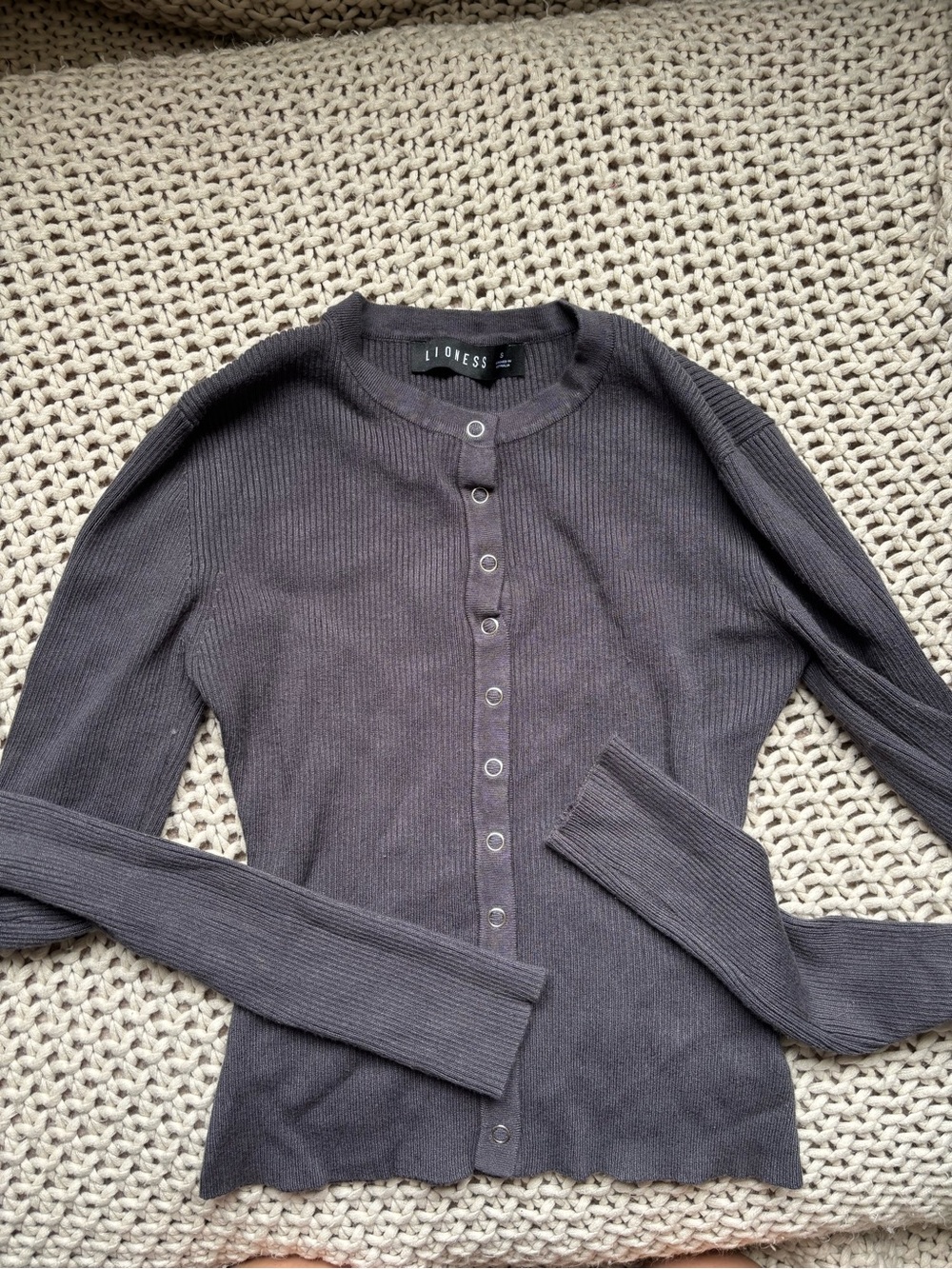 Lioness Charcoal Snap-Front Ribbed Cardigan